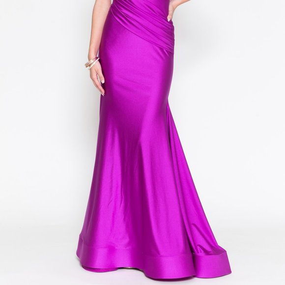 NEW LONG MERMAID SLEEVELESS DRESS WITH V-NECKLINE AND RUCHED WAISTLINE AC 370-1 - Picture 6 of 8